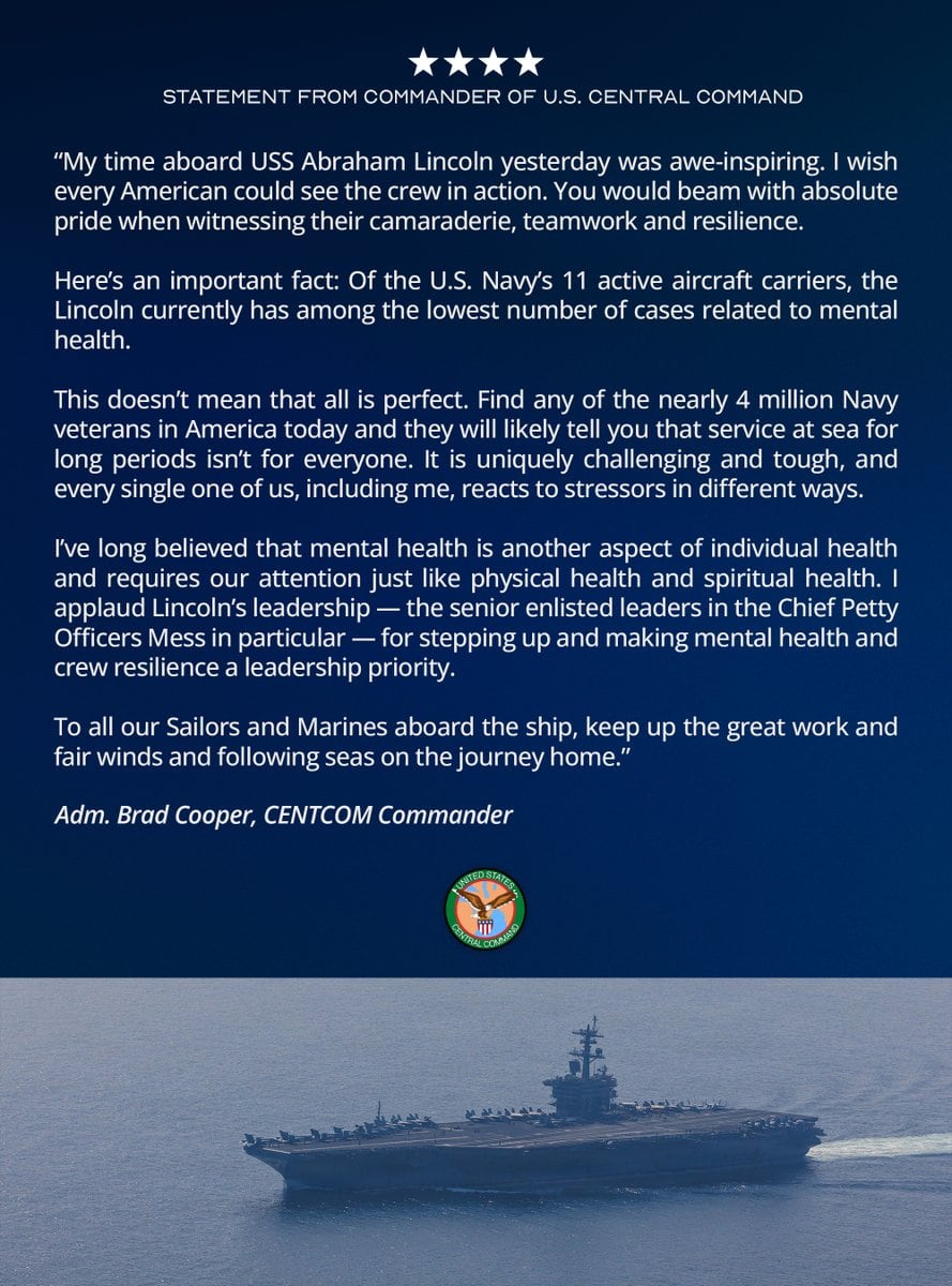 La declaración de Brad Cooper tras visitar el USS Abraham Lincoln
