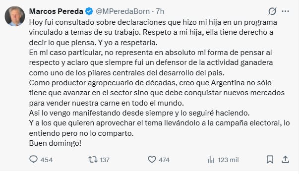 “Mi papá sabe que el futuro es sin carne”: el vicepresidente de la Rural tuvo que hablar tras una frase de su hija que generó revuelo 6 El posteo de Marcos Pereda tras conocerse la frase de su hija