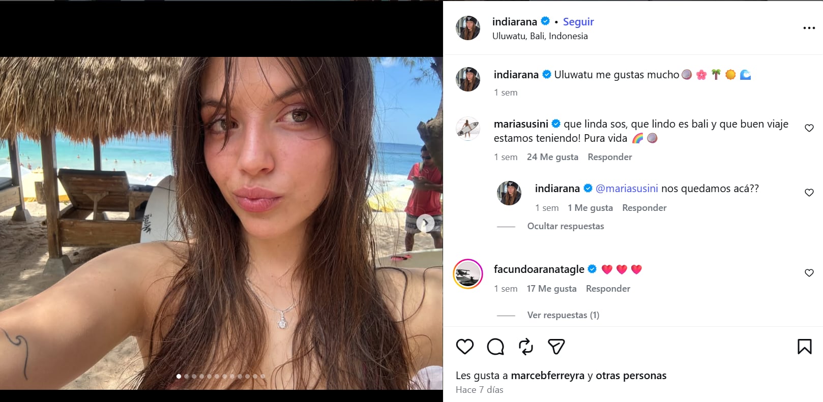 El posteo de India Arana en Bali y la reacción de sus padres en los comentarios de las fotos