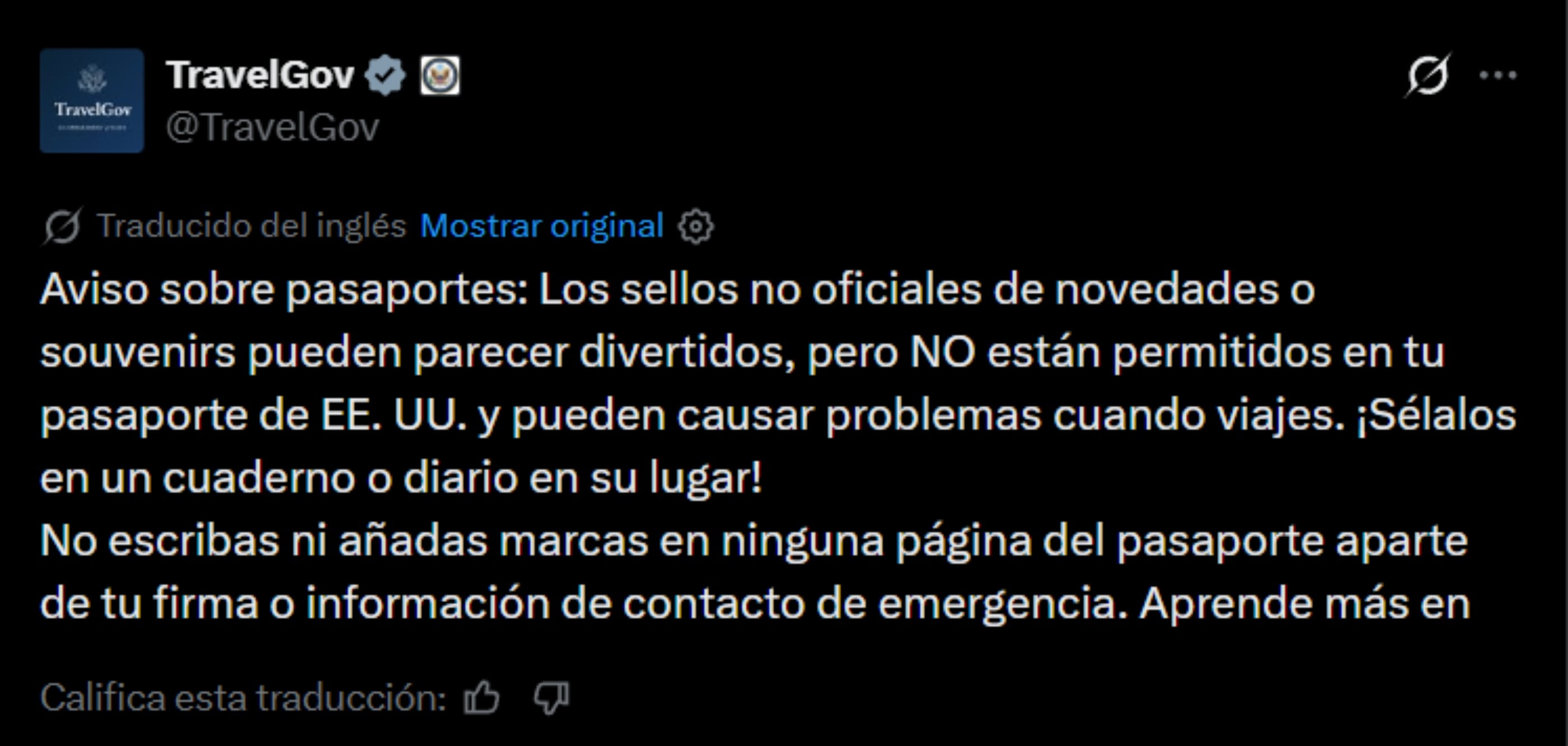El Departamento de Estado prohíbe los sellos no autorizados en el pasaporte estadounidense