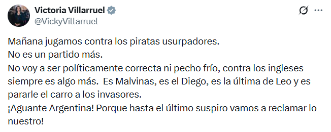 La publicación de Victoria Villaruel en la previa del partido entre la selección argentina e Inglaterra