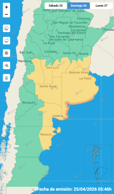 La zona central del país se encontrará bajo alerta amarilla este domingo