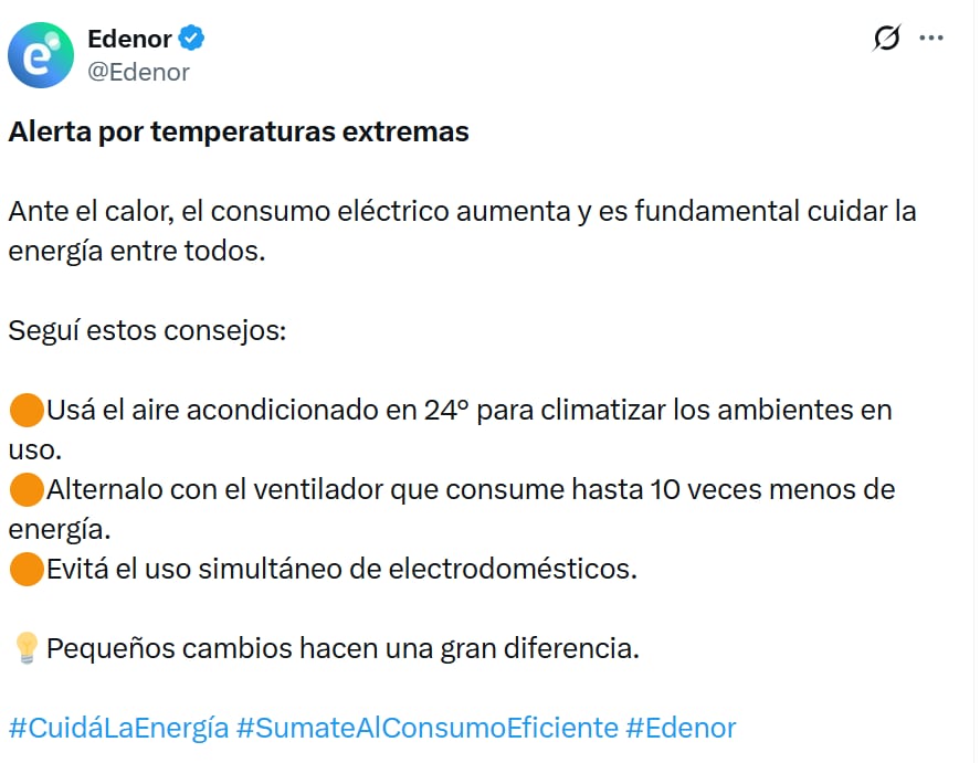 El comunicado de alerta que había emitido Edenor minutos antes del corte masivo de energía
