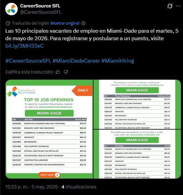 Las vacantes de empleo que se ofrecen este martes 5 de mayo en Miami-Dade