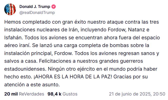 El comunicado de Donald Trump sobre los ataques a Irán