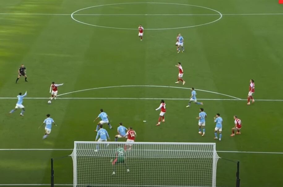 Remate de Zubimendi con 9 jugadores de Manchester City defendiendo dentro de su área; fue el comienzo del segundo tiempo