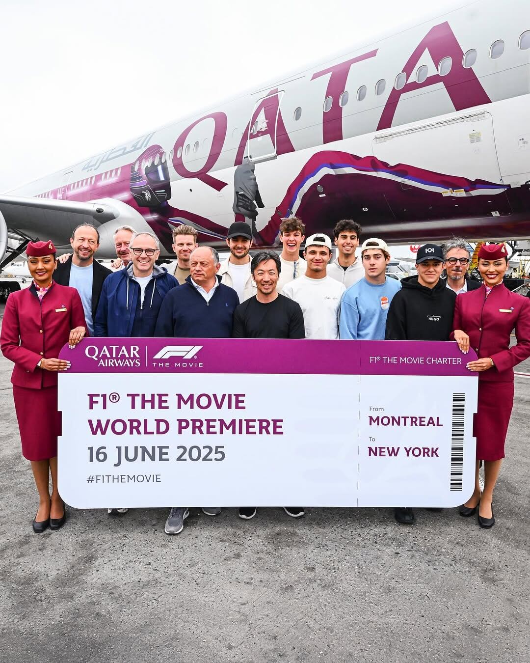 El lunes, Hülkenberg , Ocon, Bearman, Bortoleto, Norris, Colapinto y Hadjar, acompañados por algunos jefes de equipo, volaron de Montreal a Nueva York para la premiere de F1 (Foto: Instagram @f1)