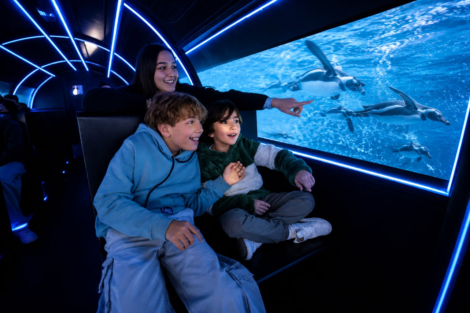 A bordo de un Simulador con tecnología E-motion, los tripulantes viajan en submarino para navegar en el Mar Argentino junto a ballenas, delfines, pingüinos, orcas y otras criaturas marinas en sus hábitats naturales
