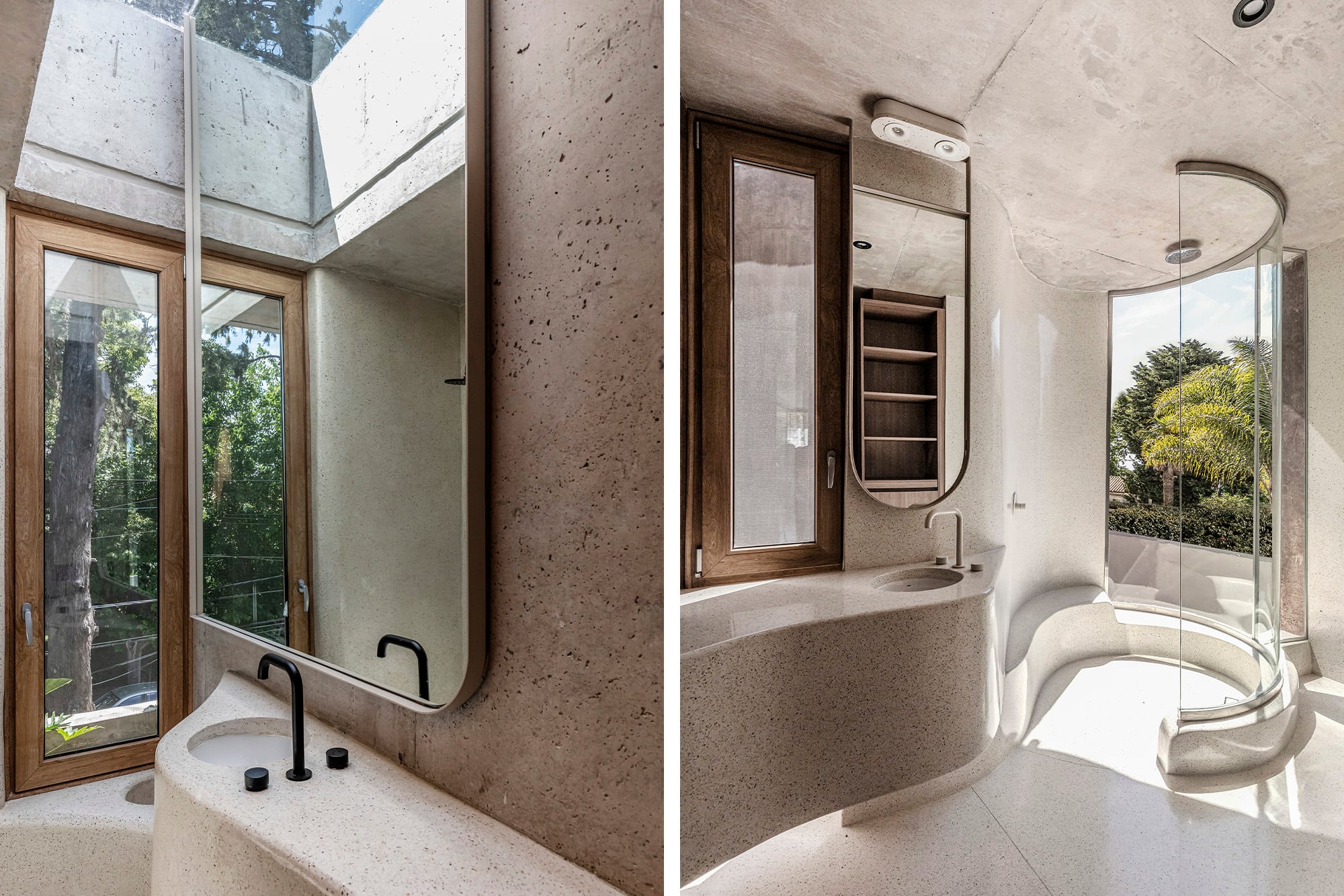 Piso de hormigón blanco (AFG Constructora). Revestimientos de terrazo diseñados para la obra (Monolitic y Pimux). Artefactos (Ferrum), grifería (Peirano).