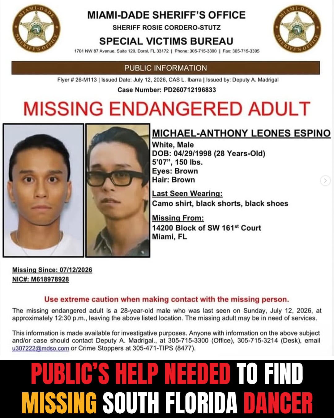 La búsqueda de Leones Espino fue difundida por Miami Dade Sheriff Office