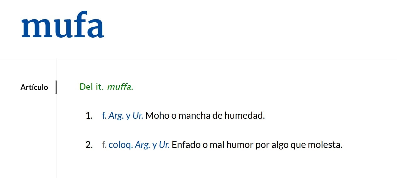 Los dos significados de la palabra mufa según la RAE
Foto: captura de pantalla RAE