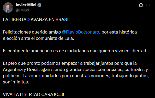 Milei felicitó a Bolsonaro y apuntó contra Lula