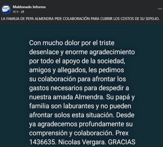 Según los medios uruguayos, la familia de la adolescente envió un comunicado en que agradeció el apoyo recibido durante las horas de búsqueda y solicitó ayuda económica.