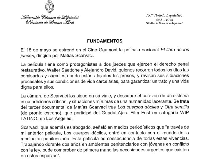 Fragmento del proyecto de declaración presentado en la Cámara de Diputados bonaerense sobre la película en la que participó el juez Saettone
