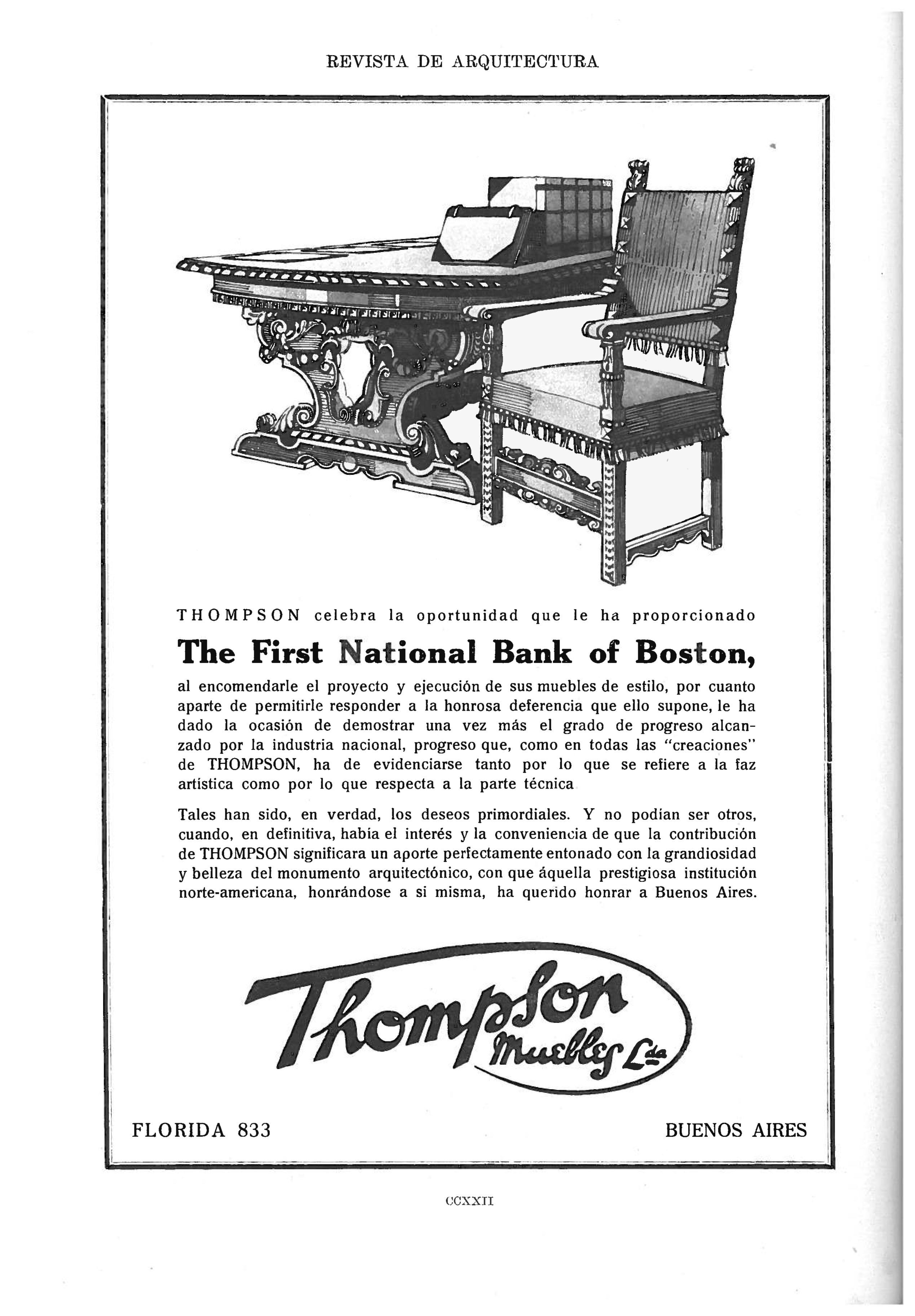 La casa Thompson agradecía al Boston la elección como proveedor de su mobiliario.