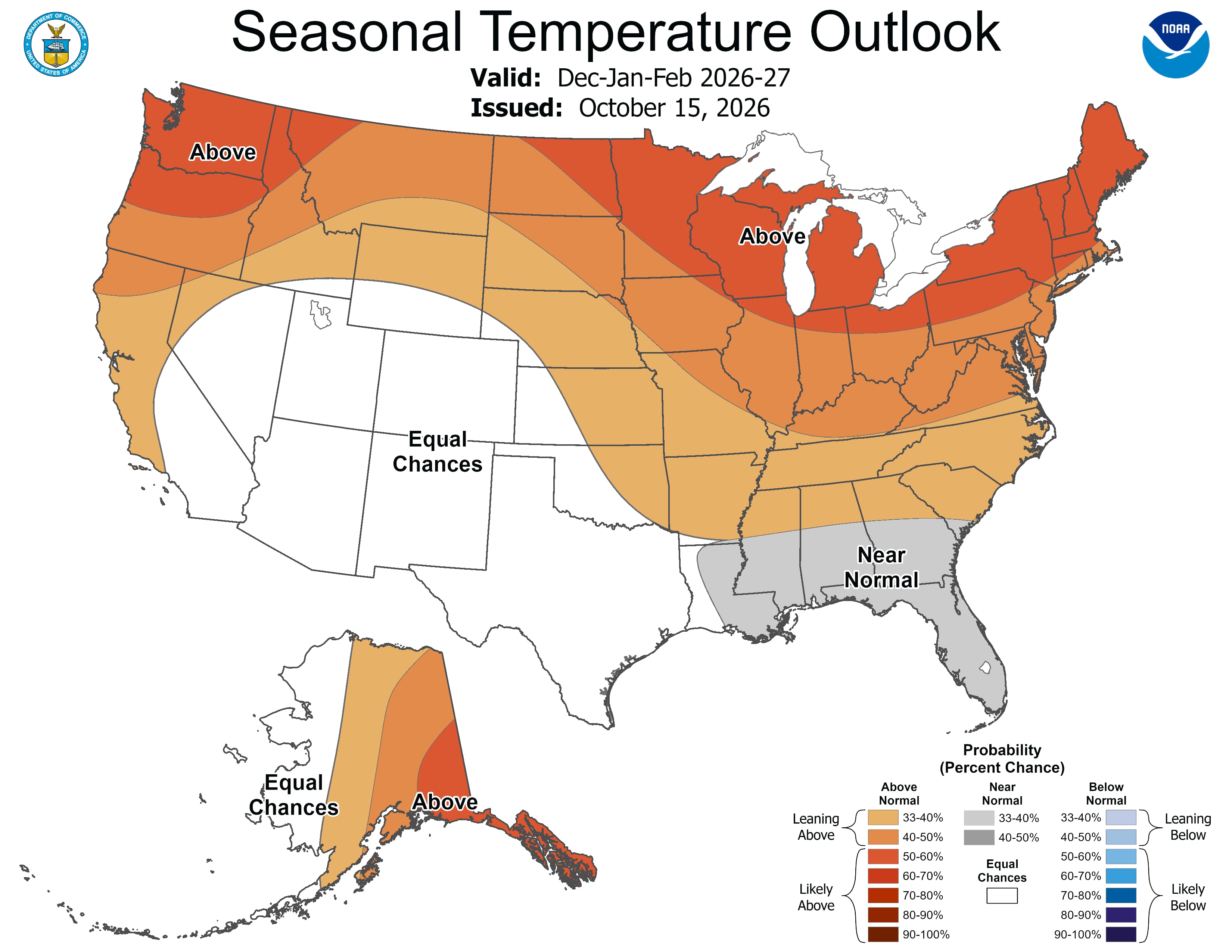 El mapa de las temperaturas para los próximos tres meses. En naranja, las zonas con valores por sobre la media