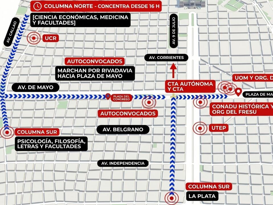 Mapa de cortes y calles afectadas por la Marcha Federal Universitaria