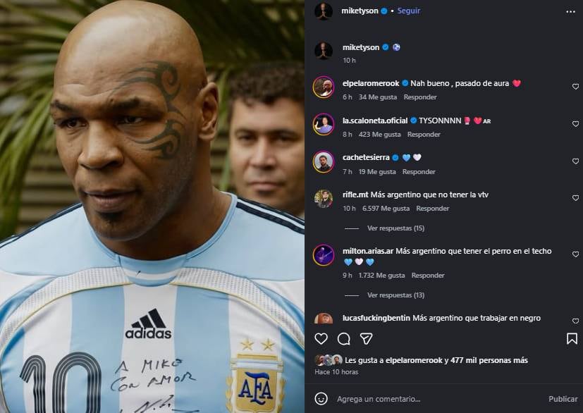 Mike Tyson se sumó a la fiebre por Messi con una camiseta argentina firmada por Maradona.