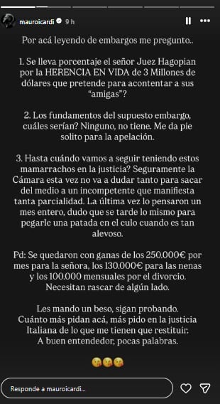 El futbolista apuntó contra la justicia argentina (Foto: Instagram @mauroicardi)
