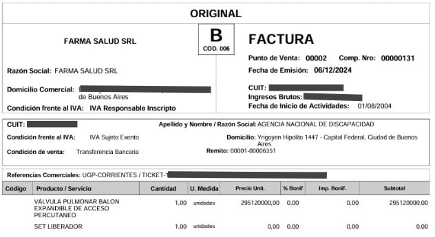 Una factura de Farma Salud a Andis, con un precio superior al que el PAMI compró el mismo insumo, según uno de los informes que Vilches remitió a la Justicia