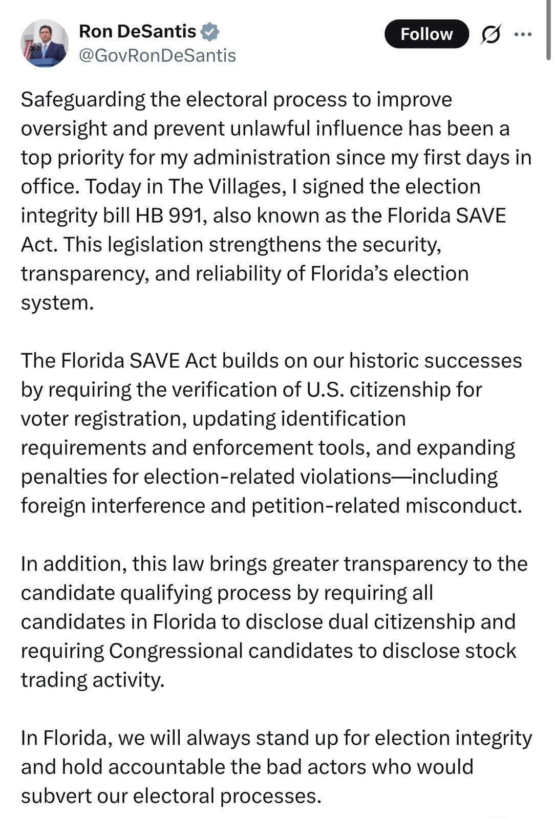 DeSantis hizo foco en la ley en su cuenta oficial de X