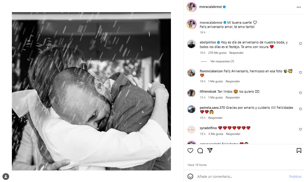 El dulce intercambio de mensajes de Abel Pintos y Mora Calabrese por su aniversario de bodas (Foto: Instagram @moracalabrese)