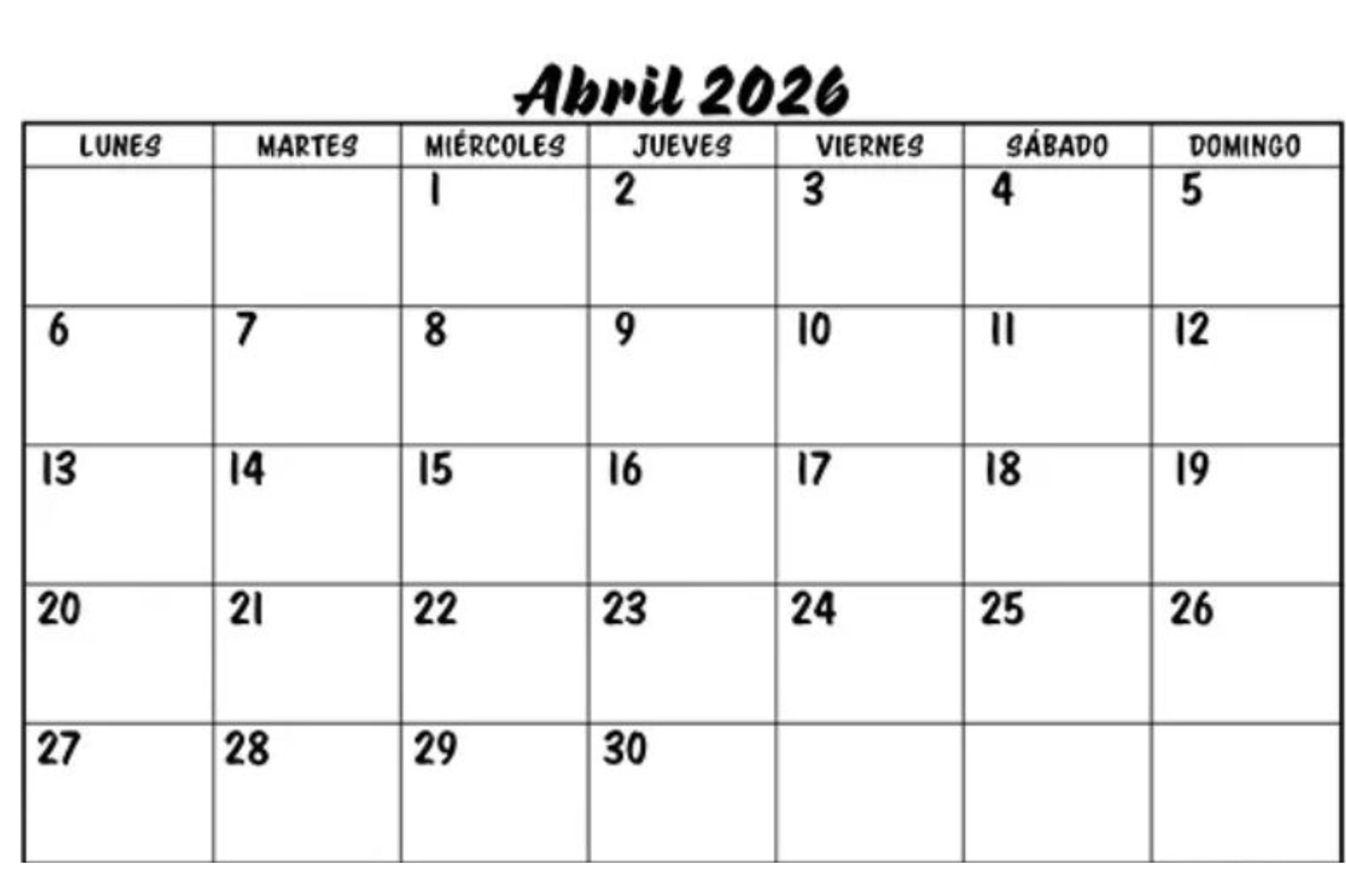 Una alternativa para imprimir el calendario de abril 2026