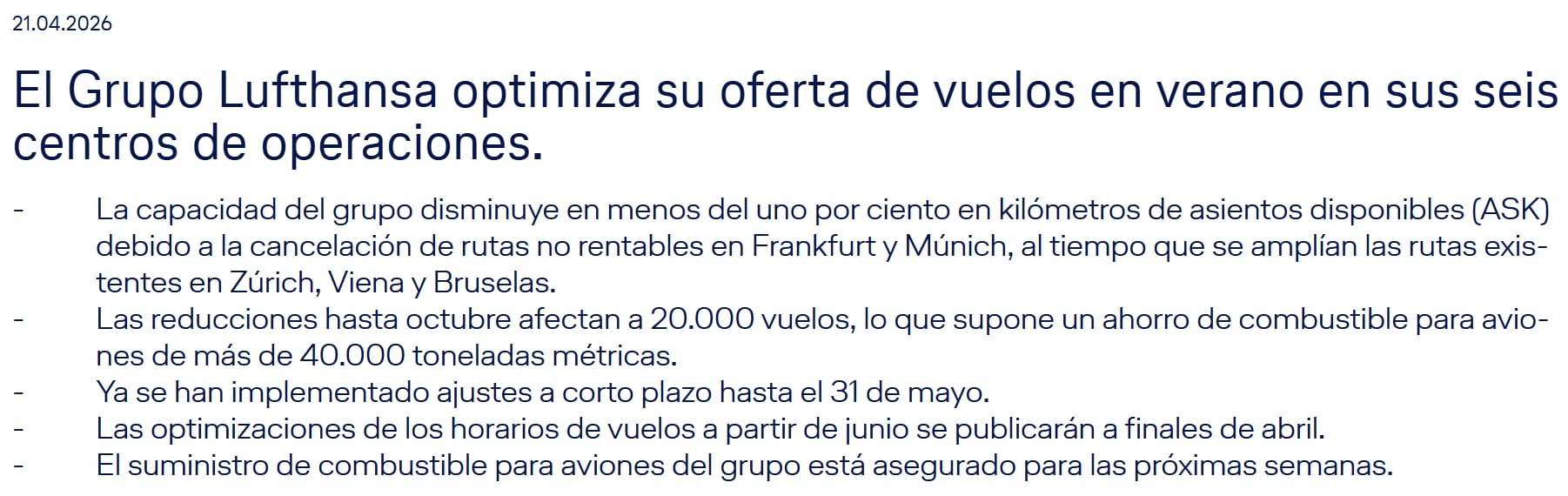 El comunicado de Lufthansa