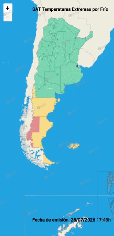 Hay alerta roja y amarilla por frío, tormentas y nevadas para este miércoles 29 de julio: las provincias afectadas 5 El mapa de temperaturas extremas del SMN para esta jornada