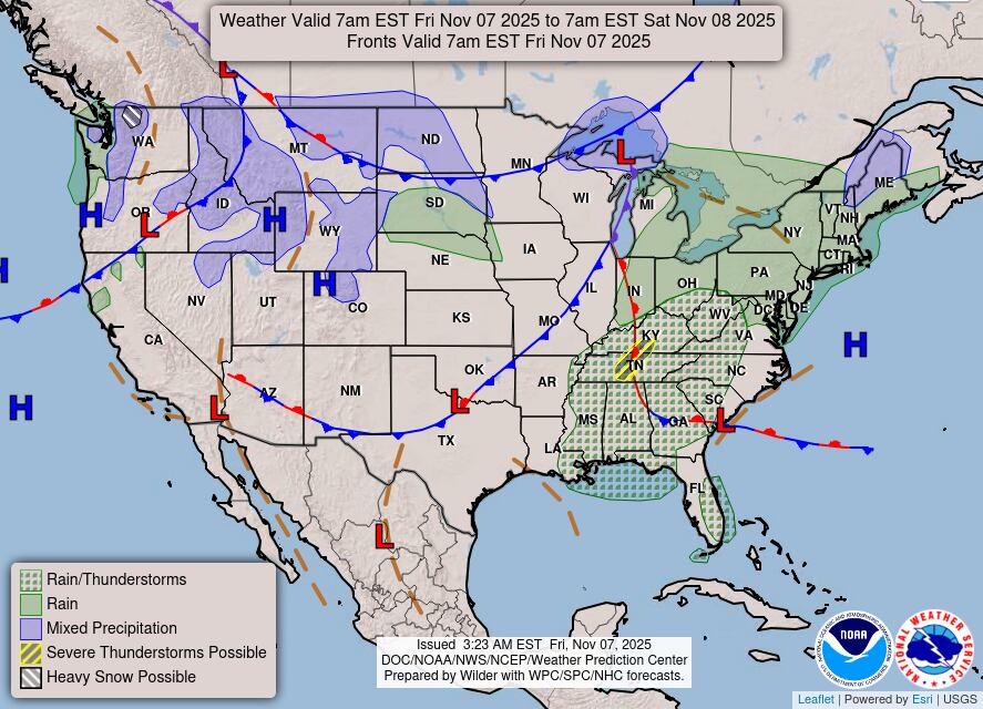 En el noreste, las lluvias se extenderán por la tarde y noche, mientras que más al norte, desde New Hampshire hasta Maine, las precipitaciones podrían mezclarse con nieve