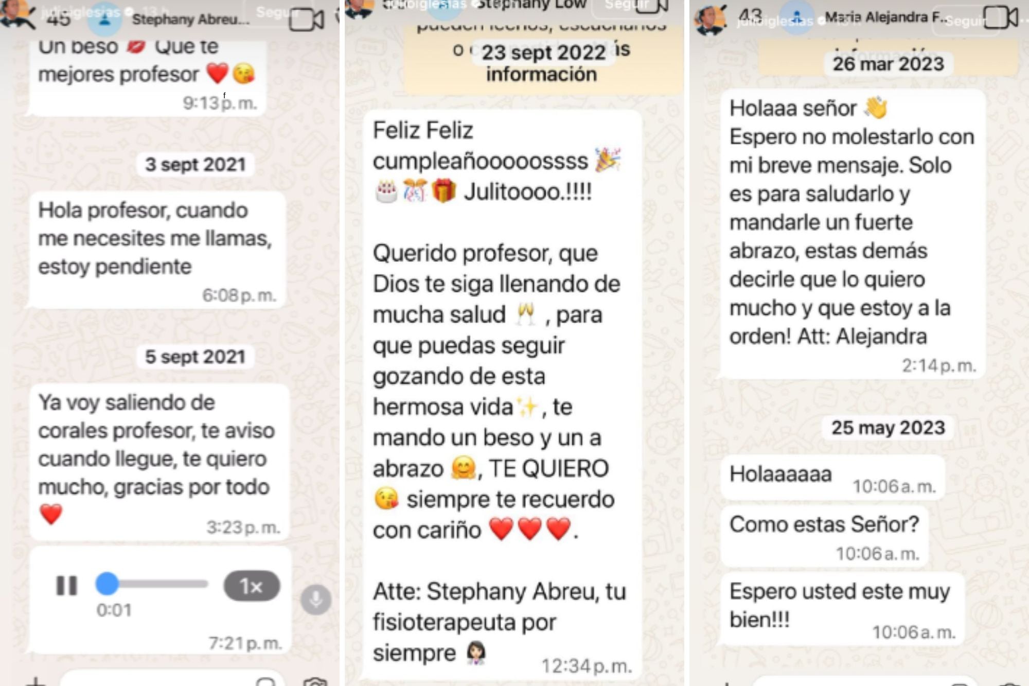 Los chats corresponden a conversaciones de los años 2021, 2022 y 2023 (Capturas: Instagram @julioiglesias)