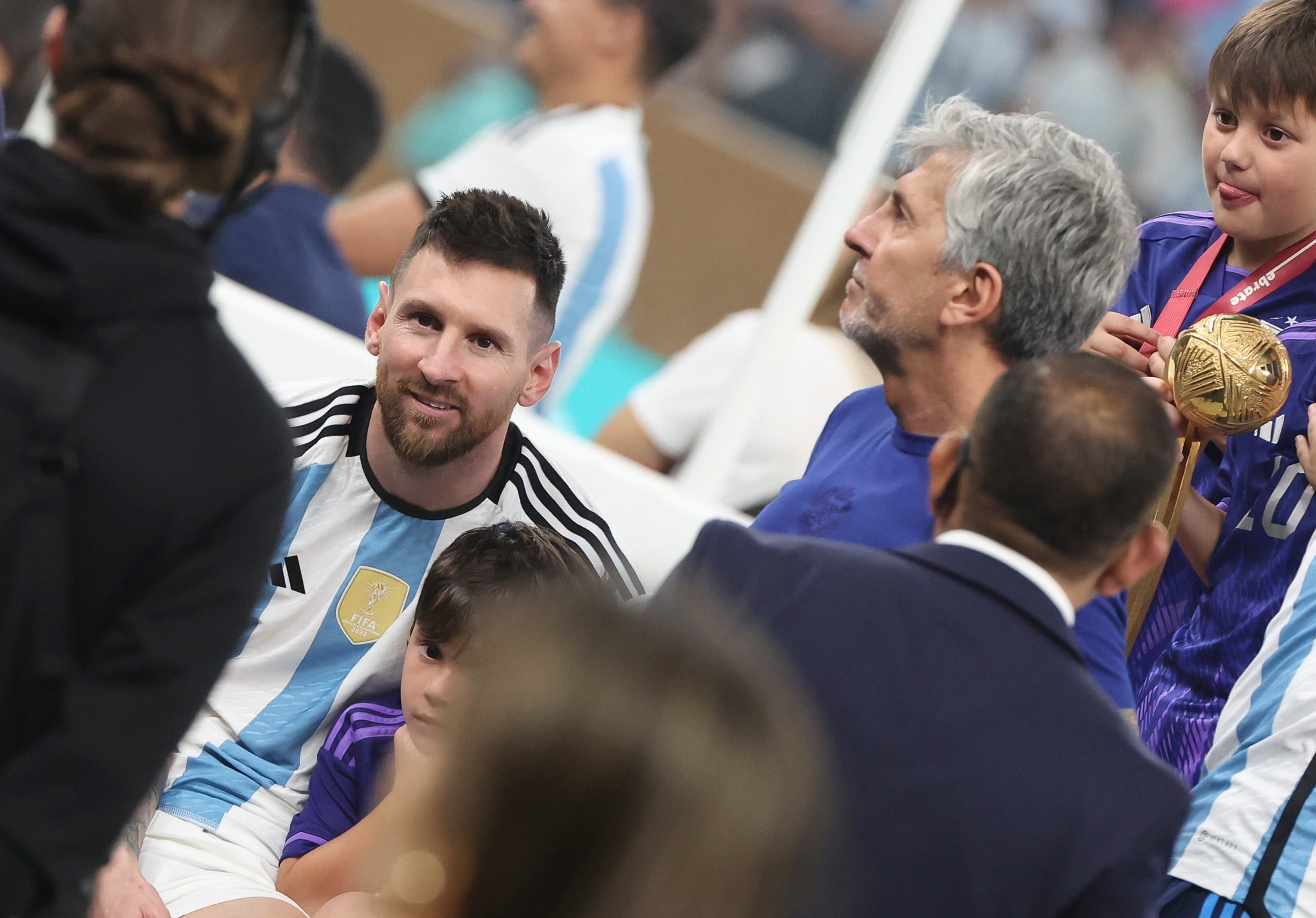 Lionel Messi of Argentina with his father Jorge Messi following the FIFA World Cup Qatar 2022 Final match between Argentina and France at Lusail Stadium on December 18, 2022 in Lusail City, Qatar