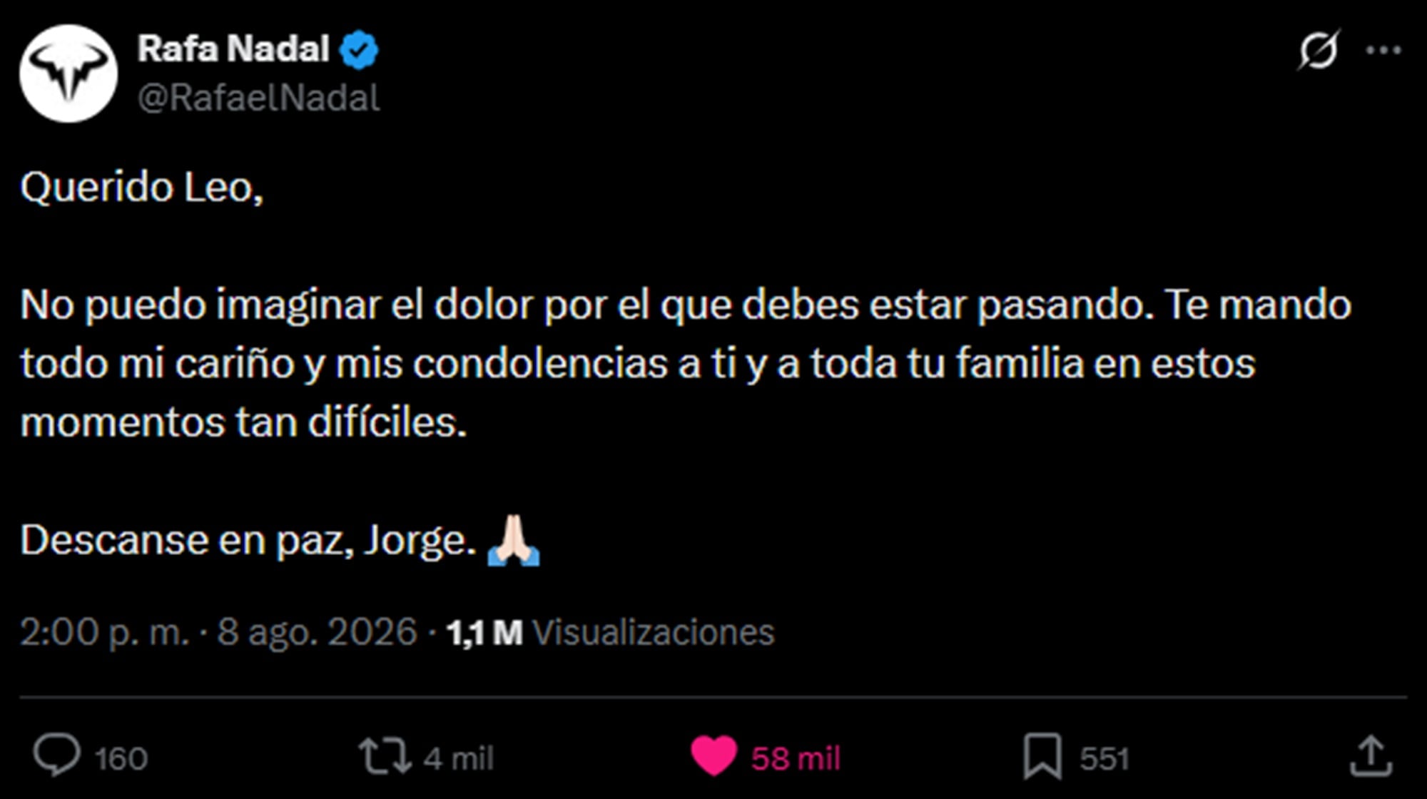 El sentido mensaje de Nadal para la familia Messi