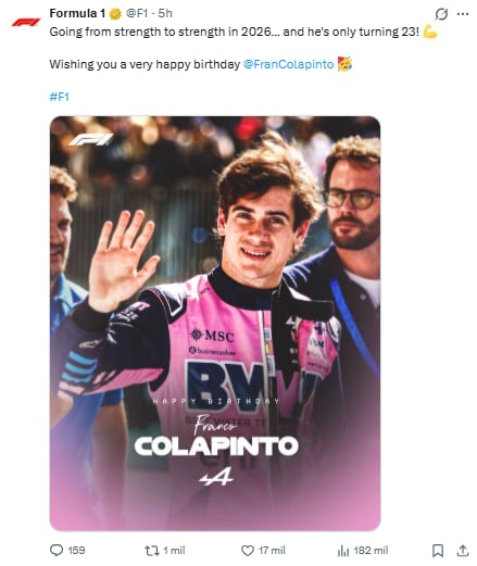 La Fórmula 1 saludó a Colapinto por su cumpleaños (Foto: X @F1)