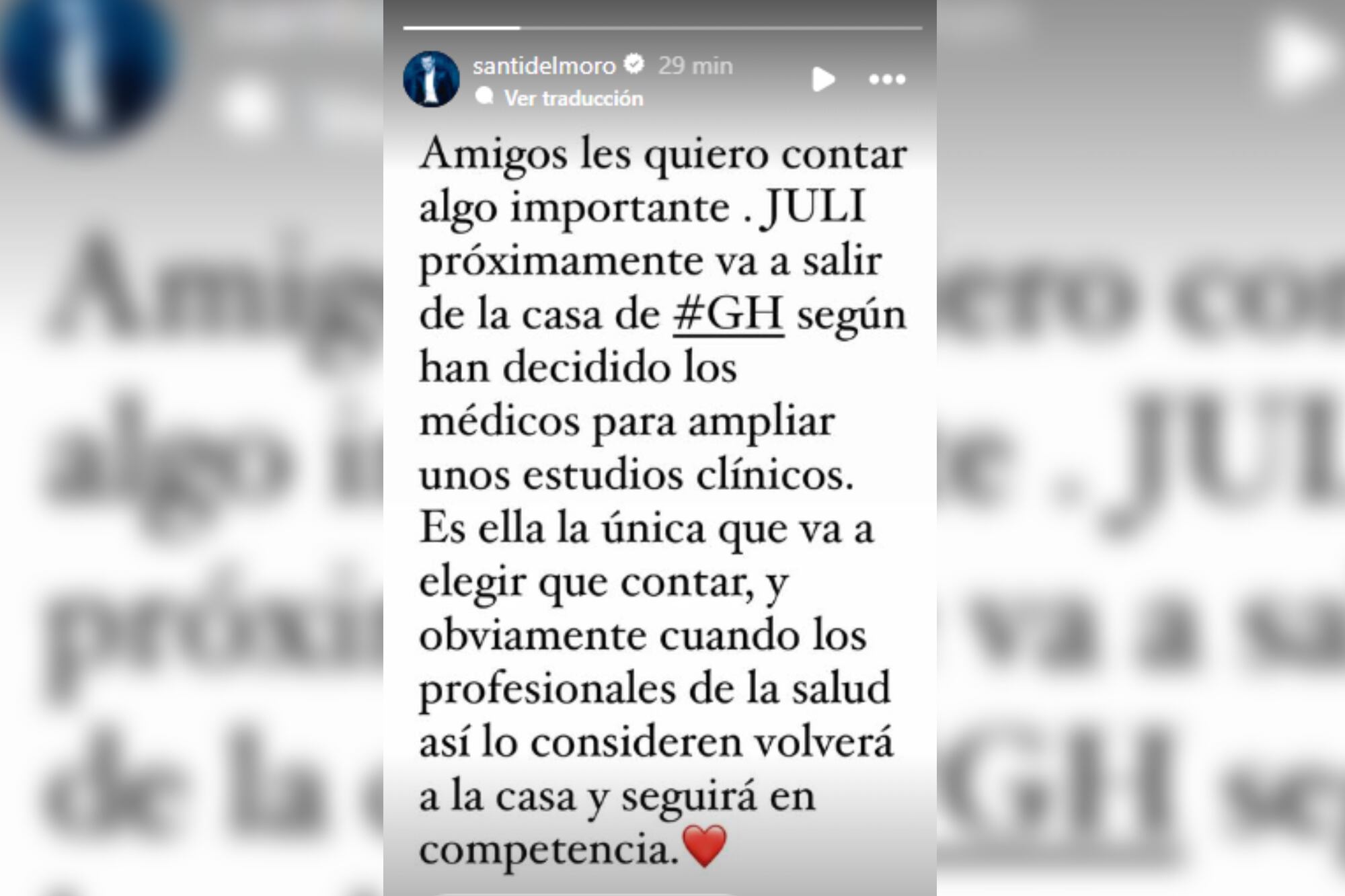 El mensaje con el que Del Moro informó que Furia debía salir (Captura Instagram @santidelmoro)