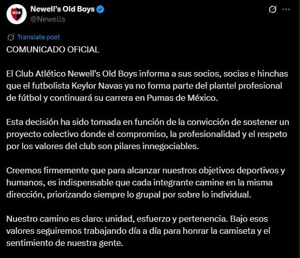 El Club Atlético Newell's Old Boys informa el traspaso de Keylor Navas a los Pumas de la UNAM (X/@Newells)