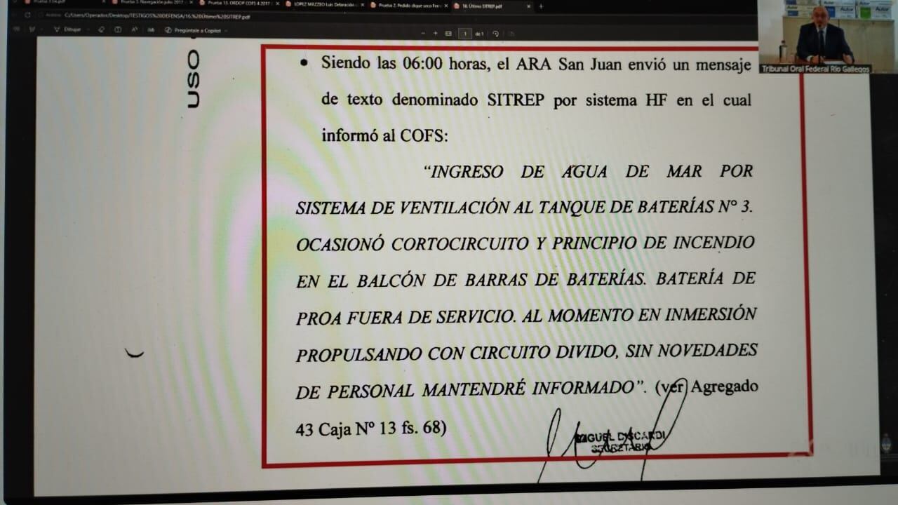 Mensaje del 15 de noviembre de 2017, donde el capitán informó el principio de incendio provocado por el ingreso de agua de mar al tanque de baterías N° 3 a través del sistema de ventilación