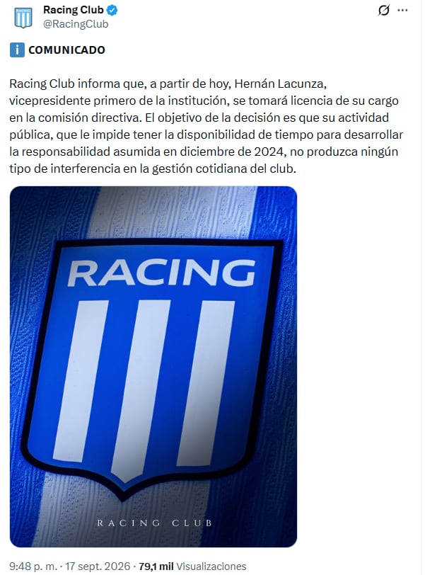 El anuncio de Racing a través de redes sociales