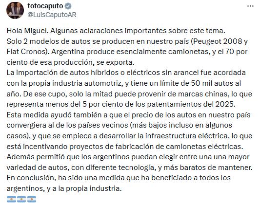 Discusión entre Caputo y Pichetto en X por el ingreso de autos chinos a la Argentina