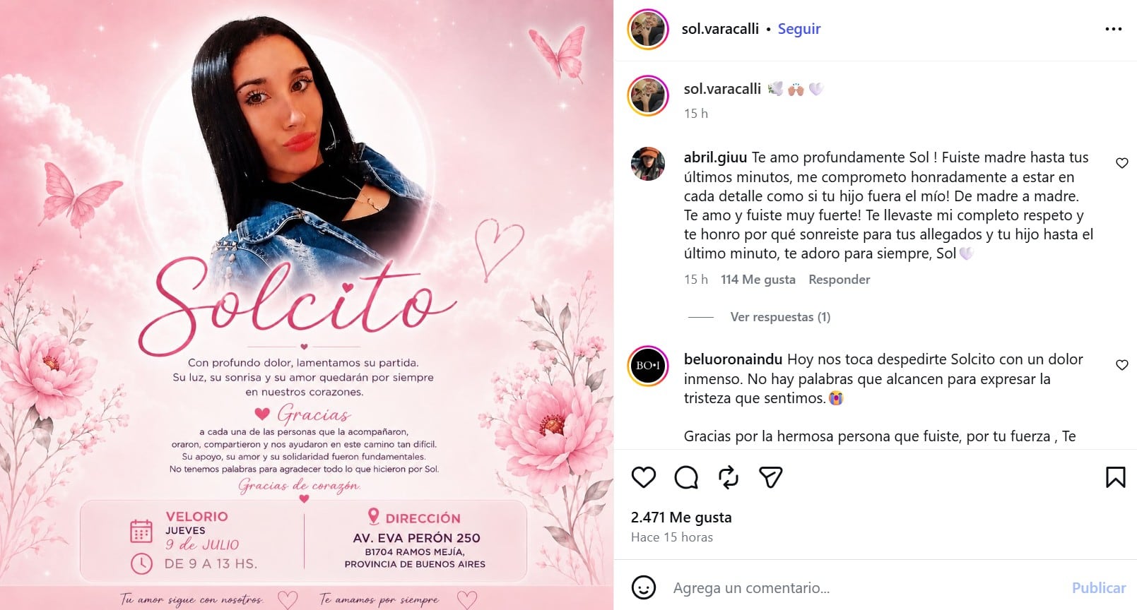 La noticia la dio a conocer la familia de la joven mediante redes sociales (Captura: Instagram @sol.varacalli)