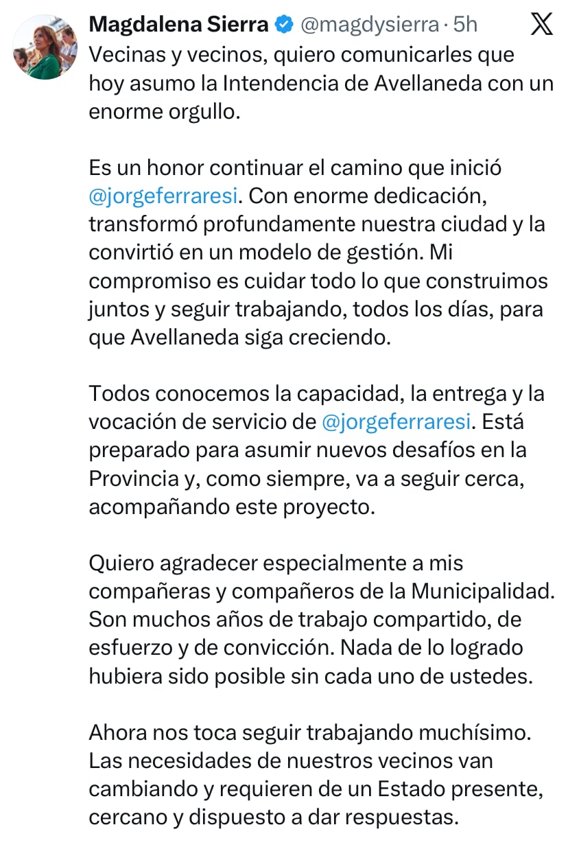 El anuncio en redes de Magdalena Sierra