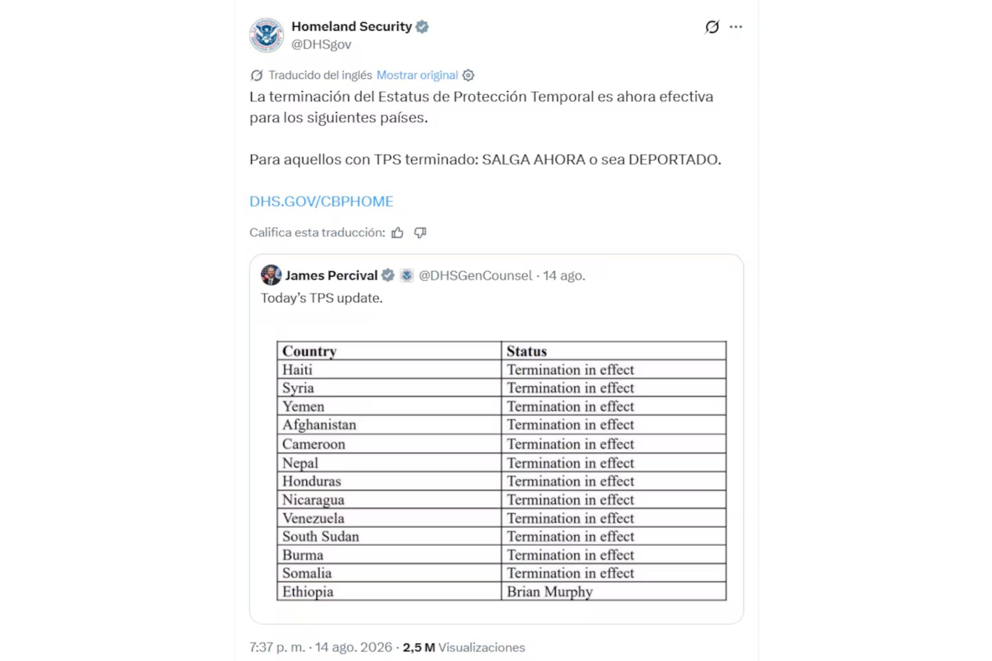 El DHS aseguró que las personas que tienen TPS de estos países, debían autodeportarse