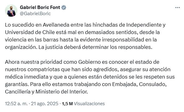 El presidente de Chile, Gabriel Boric, se manifestó sobre los incidentes entre los hinchas de Universidad de Chile e Independiente