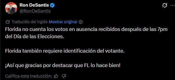 Ron DeSantis elogió el sistema de votación en Florida