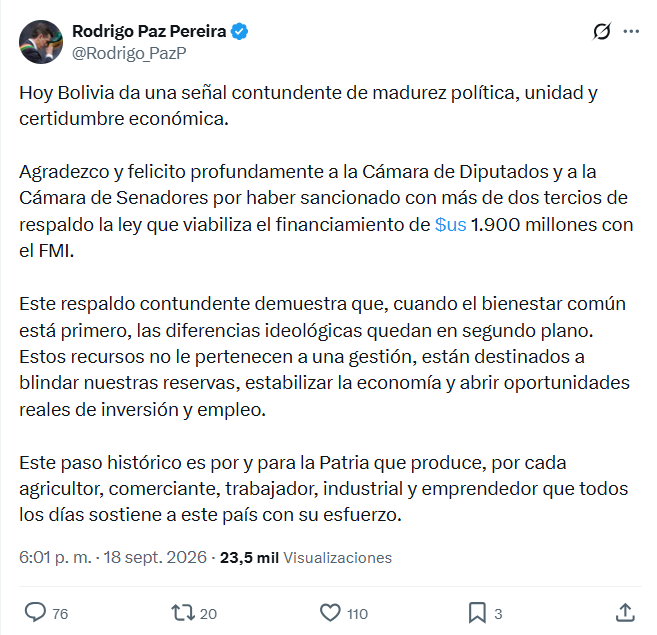 El mensaje de Paz Pereira tras la aprobación del préstamo del FMI