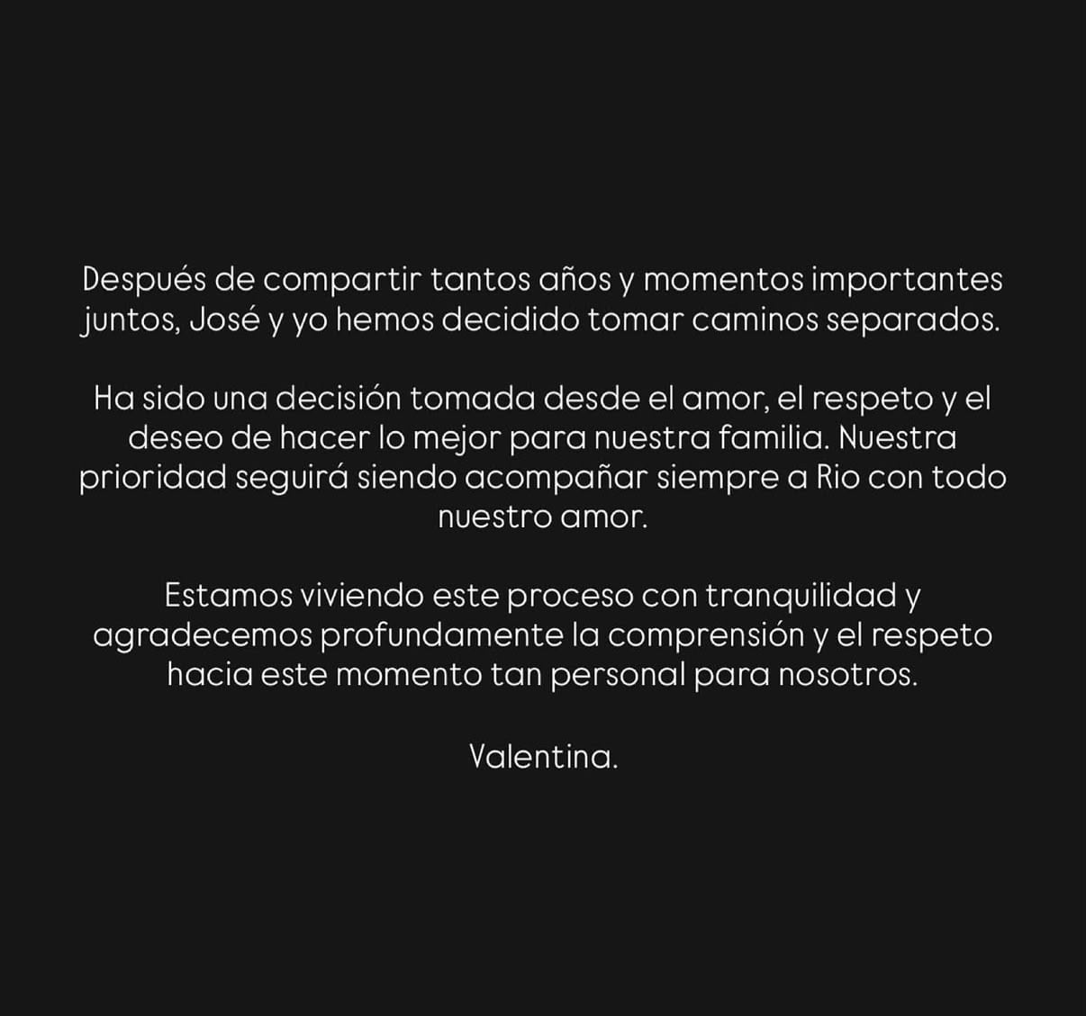 Valentina Ferrer confirmó la separación a través de este comunicado en sus historias de Instagram, en el que aseguró que la decisión fue tomada “desde el amor y el respeto”