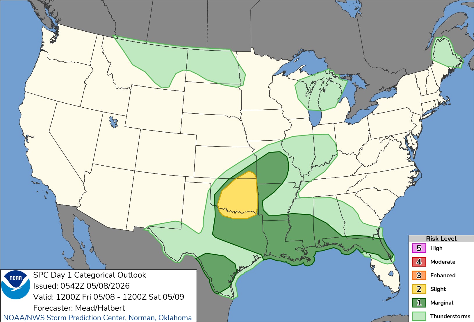 El SPC estableció un Riesgo Leve (nivel 2 de 5) para el centro y este de Oklahoma y el norte de Texas ante el desarrollo de tormentas severas