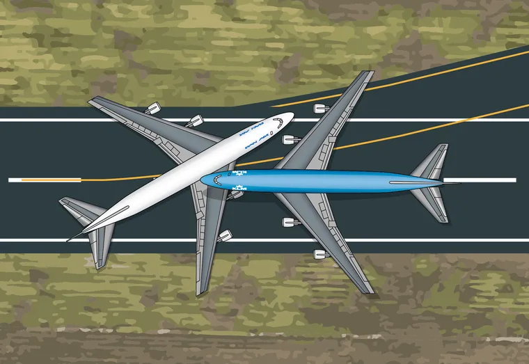 Imagen que muestra cómo impactaron las naves. El avión de PanAm dobló bruscamente a la izquierda mientras que el avión de KLM intentó levantar vuelo. No lograron evitar la tragedia