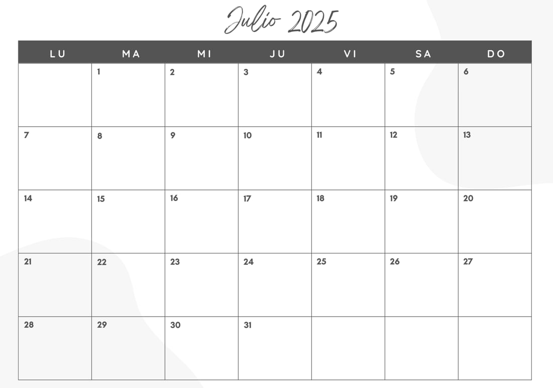 El calendario de julio 2025 para imprimir