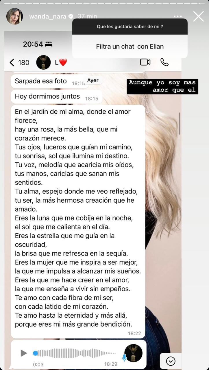 Wanda Nara mostró el romántico poema que le dedicó L-Gante (Foto: Instagram @wanda_nara)